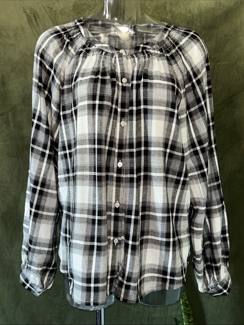 LOFT Black & White Plaid Button-Down Blouse
